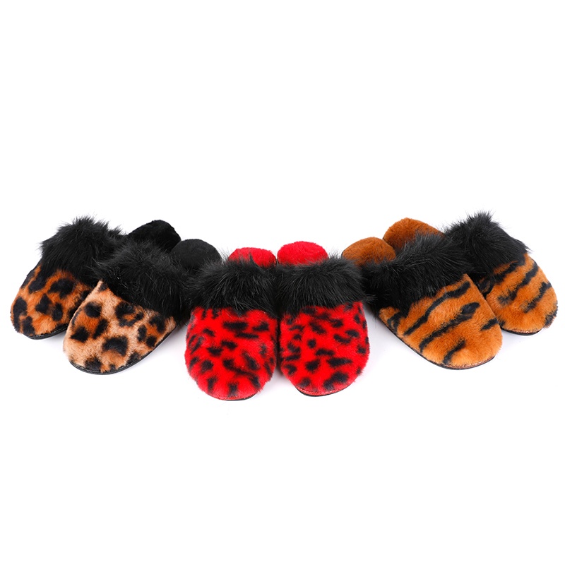 女士動物花紋人造毛半幫拖鞋